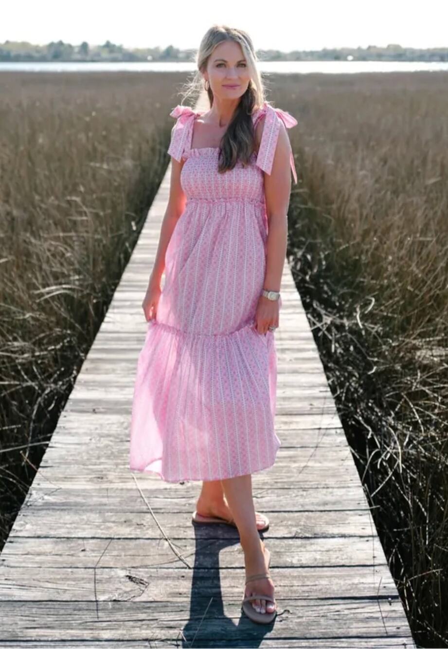 Tuckernuck Pink Tie-Shoulder Smocked Midi Dress